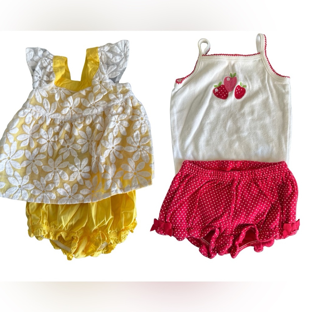 Gymboree Yellow Floral Dress with Pink Strawberry Tank & Polka Dot Shorts